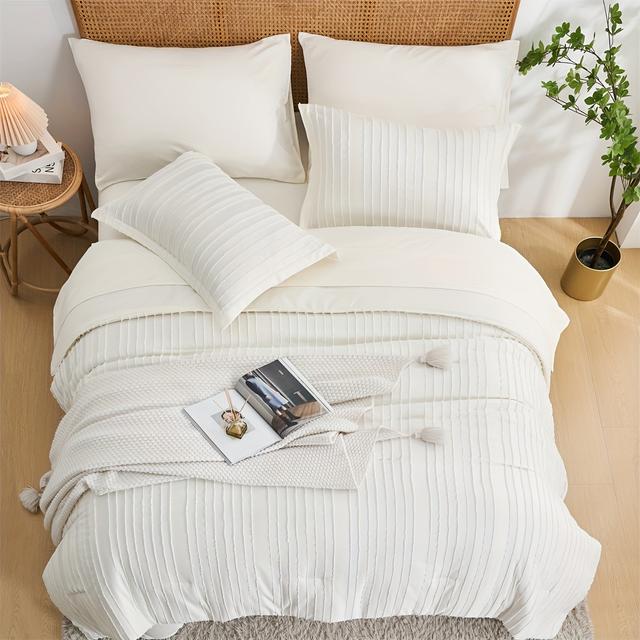 TEMU 7pcs Geometric Pattern Solid Color Comforter Quilt, And Breathable Soft And Comfortable Bedding, Any Bed Room Or (1*quilt + 1*flat Sheet + 1*fitted Sheet + 4*pillowcase Without Filler)