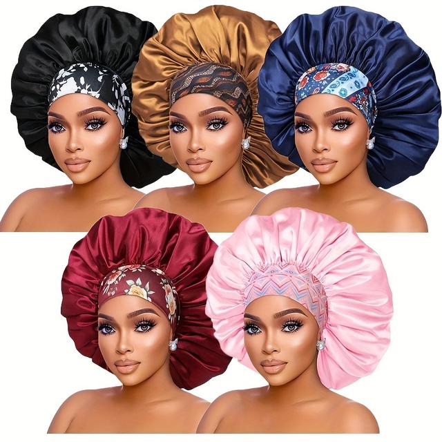 TEMU 5pcs Classic Printed Pattern Girls' Protection Soft High-elastic Sleep Cap, Light Beige-friendly Fiber Fabric Women's Satin Sleep Cap, Women's Shower Cap Chemo Hat For Overnight