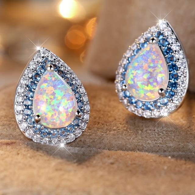TEMU Elegant Pear-shaped Synthetic Opal Stud Earrings - Silvery Finish, Perfect For Daily Wear & Special Occasions