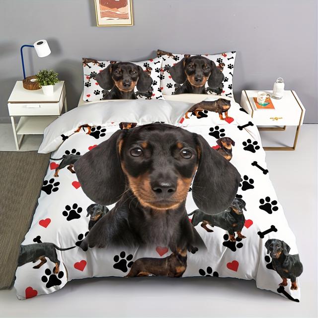 TEMU 2/3-teiliges Bettbezug-Set (1 Bettbezug + 1/2 Kissenbezug, Ohne Füllung), Niedliches Dachshund-Hund Bedrucktes Bettwäsche-Set für Schlafzimmer und Gästezimmer