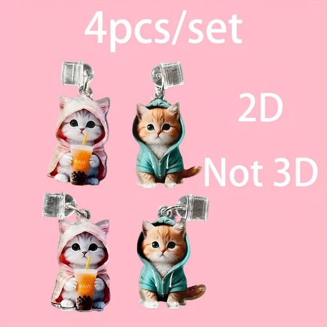 TEMU 2D Lapos Macska Port Dugó Készlet Type-C-hoz, 4 db-os Csomag, Aranyos Karikatúrás Stílusú Akril Anyag, Pár Telefon Dísztárgy Porvédők, Tökéletes Ajándék Okostelefon Védőkiegészítő