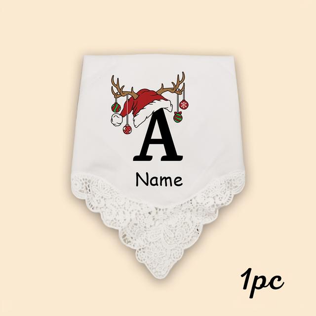 TEMU Personalisiertes Weihnachts-Alphabet-Taschentuch für Damen - Benutzerdefinierter Name/Initialen, Hochzeits- & Partygeschenk, Elegante Spitze, Weißes Taschentuch mit rotem & grünem Weihnachtsmotiv