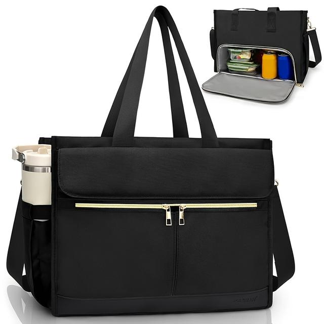 TEMU Non- Contact Lunch Bag For Women | 15.6inch Laptop Compartment, Insulated, 40oz Side Pockets, Black Oxford Cloth Tote Bag, Work And Back To School Use