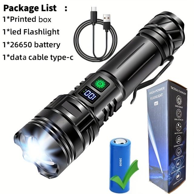 TEMU 1pc Led High Brightness Rechargeable Flashlight, Display Power, , Adjustable Focus Hand-held Flashlight, Suitable For Outdoor Emergency, Camping, Fishing, As A For Birthday Gifts