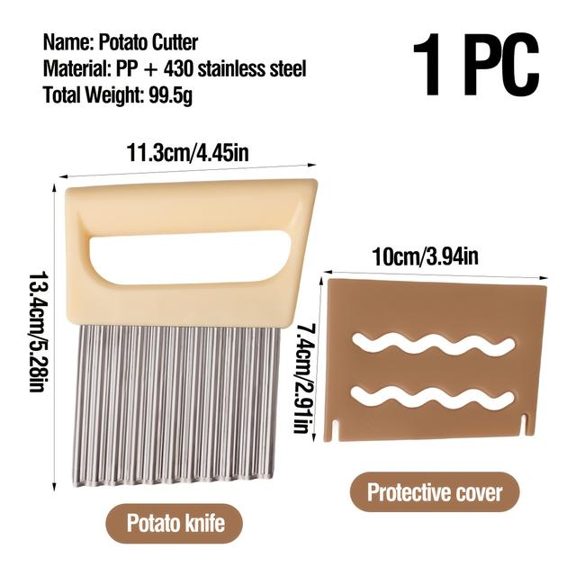 TEMU 1pc Potato Cutter With Protective Cover, Stainless Steel Wolf Tooth Potato Knife For Kitchen Use, Manual Slicer For Fresh Fruits, Vegetables, Salad, Carrots, Potatoes, - Perfect For Home Kitchens