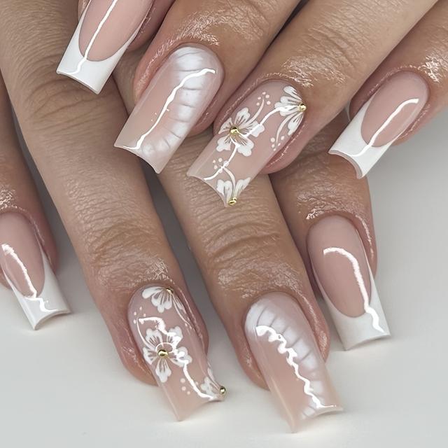 TEMU 10 Stück handgemachte, tragbare Nagelkunst, handbemaltes Krokodilmuster, französische florale Maniküre, tägliche Maniküre für Pendler, mittellange, quadratische Form