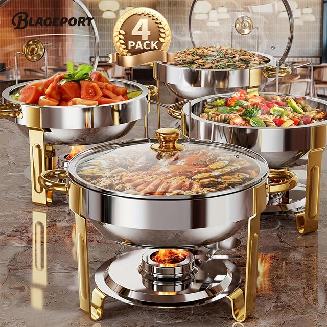 TEMU Set Of 4 Round Chafing Dishes For Buffets, 5 Each, Buffet Dish Collection, Full-size Pans, Warmers For Events, Parties, Weddings, Birthdays, Camping, Designed For Cooking