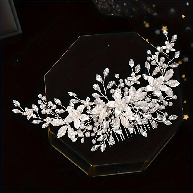 TEMU 1pc Hair Comb With Rhinestone & Pearl Decor Insert Comb Bridal Wedding Headdress