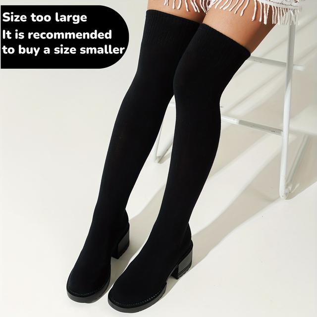 TEMU Women's High Heel Black Over-the-knee Boots, Solid Color Vintage Elastic , Thick Platform Lift College Fashion Slip On Long Single Shaft Round Toed Pantyhose Riding Party Dance Knight