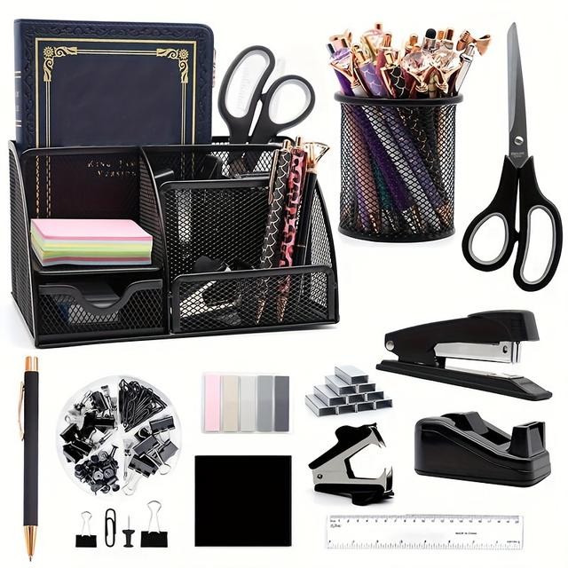 TEMU 12 In 1 Black Desk Organizers And Accessories Set, Black Gifts For Coworkers, Black Office Supplies Black Stapler Pen Holder Tape Holder Scissors Ruler Staple Remover For