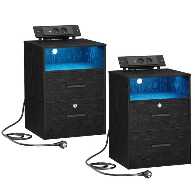 TEMU Nachtkastje met LED-verlichting - Bijzettafel met oplaadstation, nachtkastje met 2 opberglades voor slaapkamer, woonkamer, 2 USB-poorten, 2 stopcontacten, set van 2, wit/zwart