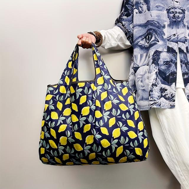 TEMU レモン柄プリントの大容量ナイロン製トートバッグ - ポータブル、折りたたみ式、軽量ショッピング＆トラベルバッグ、内ポケット付き、洗濯機洗い可、キャンプ＆アウトドア用、キャンプギア | 鮮やかなトートバッグ | 耐久性のあるハンドルバッグ、大型トートバッグ