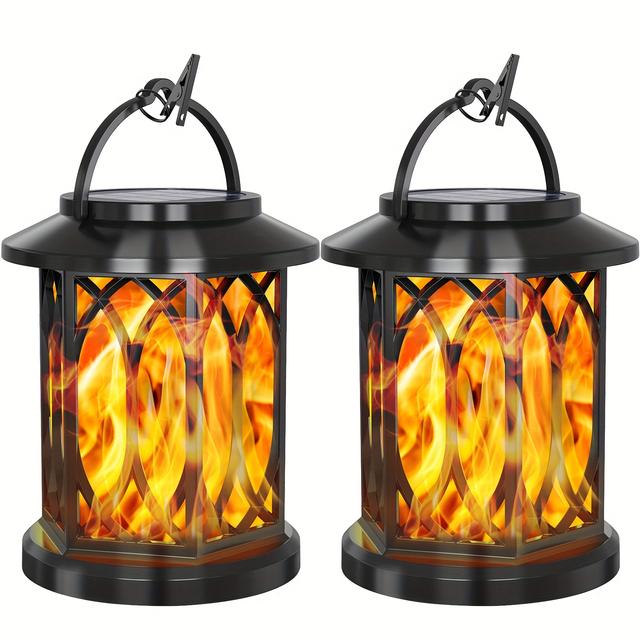 TEMU 2 Pack Hanging Lantern With Flickering Flame - Outdoor Lanterns, Solar Powered Charging, Ip65 Solar Torch Lights, Solar-powered Led Lighting For Garden Yard Porch Lawn