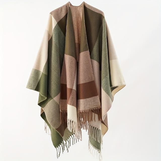 TEMU Elegant Geometric Pattern Fringe Detail Lightweight Shawl Poncho - Breathable Sun & Wind Protection For Spring/autumn Casual