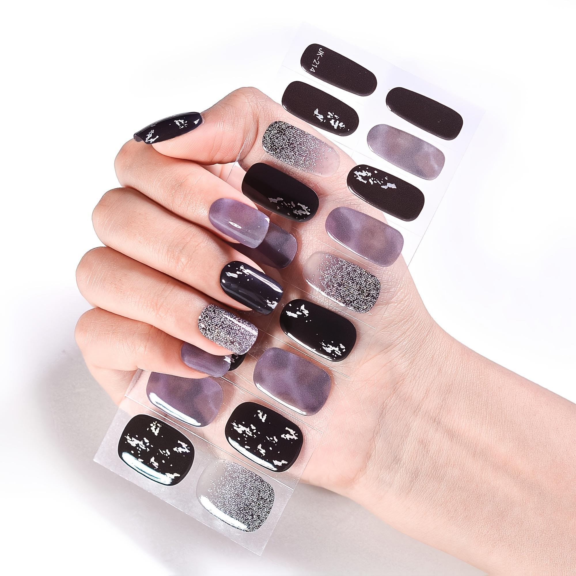 TEMU 18pcs Semi-cured Gel Nail Stickers - Black, - Professional , Halo And Loose Powder, Easy To Apply And, /led Lamp Required, Nail Strips, Women's Nail Supplies