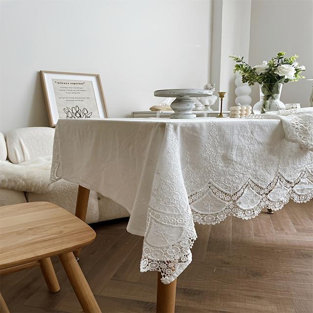 TEMU Elegant Tablecloth - White, Washable 100% Cotton Rectangular Cover With Intricate Floral Patterns, Ideal For Wedding, Party, And Kitchen Decor, Christmas Tablecloth