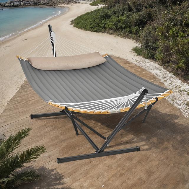 TEMU Hammock With Stand, Padded Hammock With Pillow, Bamboo Spreaders, Portable, Black And Gray