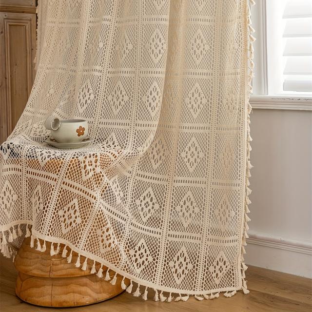 TEMU Bohemian Jacquard Sheer Curtain With Vintage Tassels - Rod Pocket Room, Bedroom & Home Decor