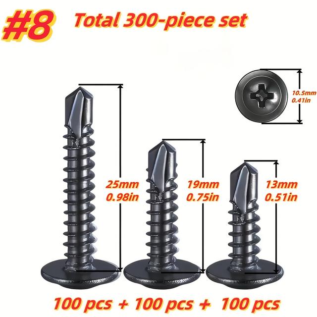 TEMU 100/300-pack Black Self-drilling Tek Screws Kit - No Drill Needed! 8.8 Grade Phillips Head Fasteners For, Furniture & Appliance Repair (13/19/25mm) - Metal/wood/plastic, Rust-resistant