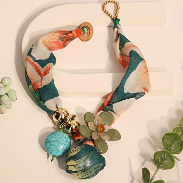 TEMU Bohemian Retro Colorful Fiber Bead Necklace With Floral & Sphere Pendant - Golden-tone Accents For Women, Beach Weddings, Music Festivals, Daily Wear, Festival Accessories, Intricate Beadwork