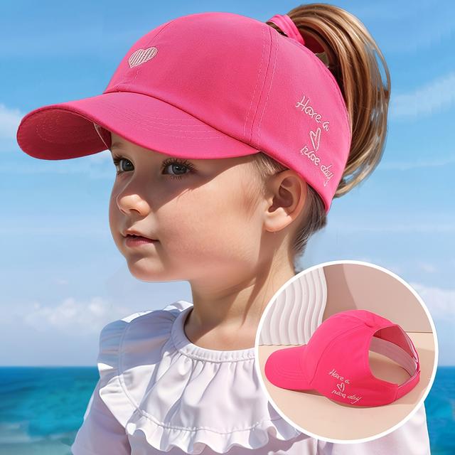 TEMU Kids' Plain Baseball Cap With Heart Letter Pattern, Summer Breathable Cap Suitable For Boys And Girls Aged 7-11