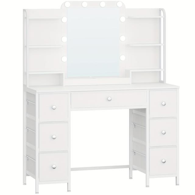 TEMU Tecido para Gaveta e Toucador de Ferro com Iluminação LED, Toucador com Espelho HD Grande, 7 Gavetas e 6 Prateleiras, Mesas de Maquilhagem para Quarto, Branco Moderno