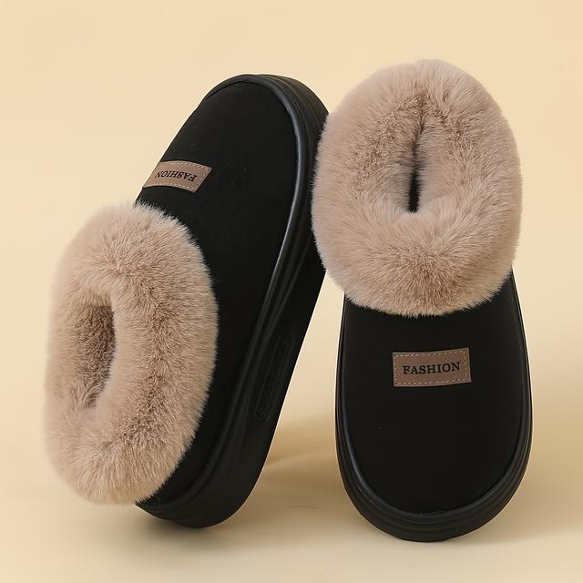 TEMU نعال نسائية مريحة من الصوف مع بطانة من القطيفة - دافئة، غير قابلة للانزلاق، نعل سميك، تصميم أسود وبيج، أحذية شتوية عارضة، أحذية شتوية عارضة | نعال صوفية مريحة | نعال نعل EVA