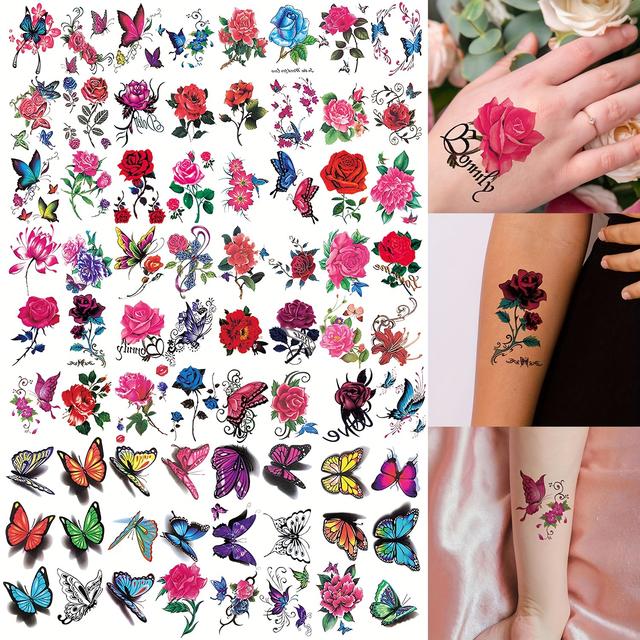 TEMU 72pcs Of 3d Colorful Flower Temporary Tattoos, Waterproof And Long-lasting, Suitable For Women, Designed For Body Art On Arms, Shoulders, Collarbones, And Legs As Fashionable Fake Tattoos