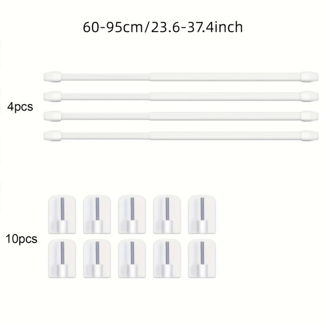 TEMU 14pcs Includes 4pcs Extendable Curtain Rods With 10pcs Self Adhesive Hooks, Tension Adjustable Rod For Home Bathroom Hotel Supply