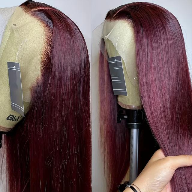 TEMU 32 Inch 13x3 Hd Burgundy Lace Front Wig Black Wine Red Straight Lace Frontal Wigs For Women With Pre Pluck Hairline 200% Density Straight Hair Wigs
