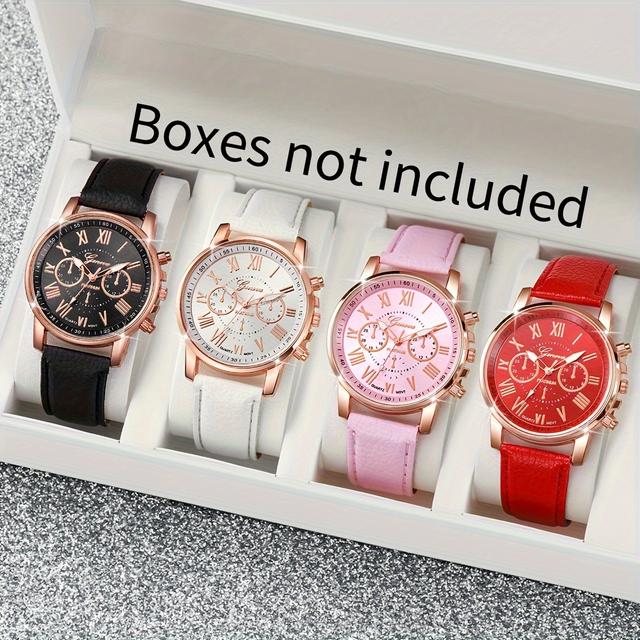 TEMU Women's Black And White Pink Fashion Roman Scale Dial Quartz Watch Set 4pcs/set Does Not Include Watch Box