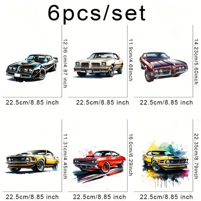 TEMU 6pcs 6 Large 6 Small Car Iron-on Transfer Stickers, Multicolor Diy Heat Transfer Stickers, Suitable For T-shirts And Fabric Crafts