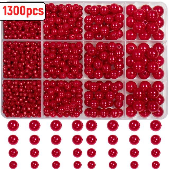 TEMU Set Of 1300pcs Of Red And Pink Round Beads In Sizes 4, 6, 8, And 10mm, Packaged In A Box, Perfect For Jewelry Such As Bracelets, Necklaces, And For Valentine's Day