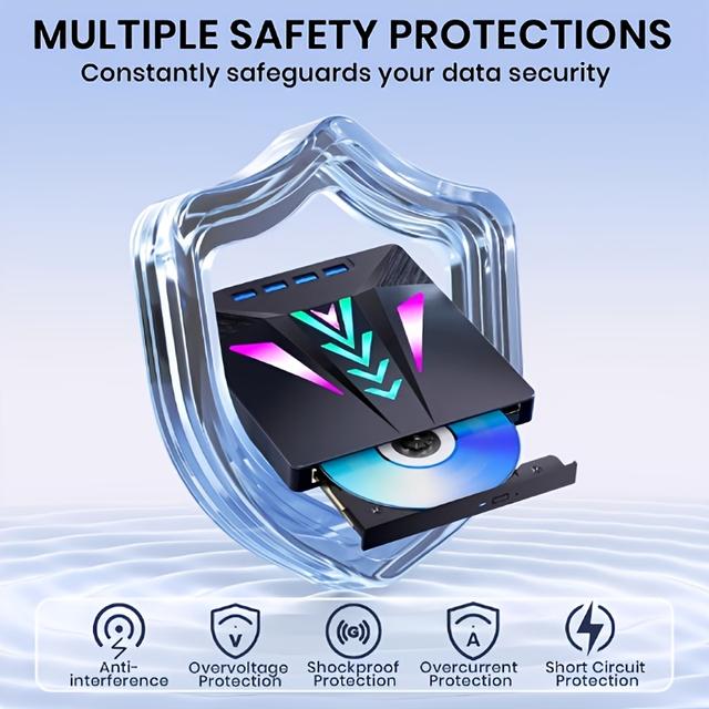 TEMU 6-in-1 Slim Usb 3.0 External Cd/dvd Drive - Portable Player And Burner For Laptops, Desktops, , Windows (11/10/8/7), - No Battery Needed, Compatible With Cds, Dvds,