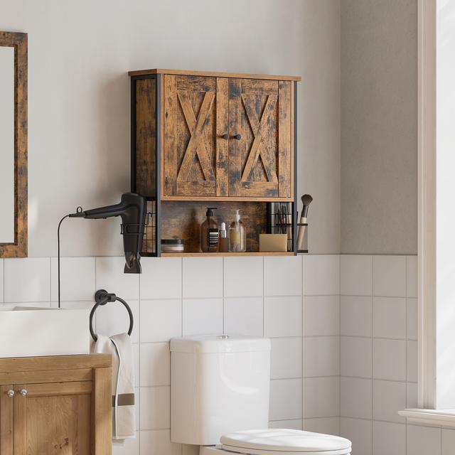 TEMU Rustic Bathroom Wall Cabinet, 2 Door, 3 Adjustable Shelves, Hair Dryer & Brush Holder, Industrial Style, 60 X 16 X 60 Cm