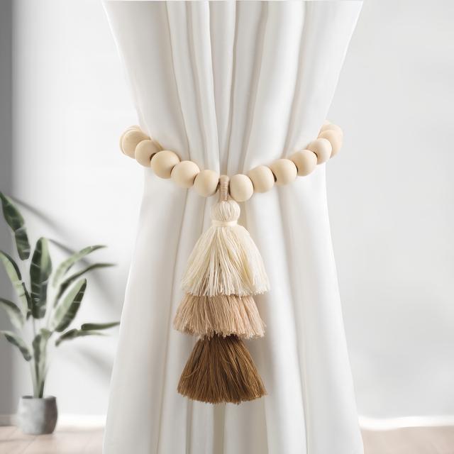TEMU 1pc Boho Magnetic Wooden Bead Tieback With Rainbow Tassel - , Stylish Polyurethane Home Decor For Living Room, Bedroom
