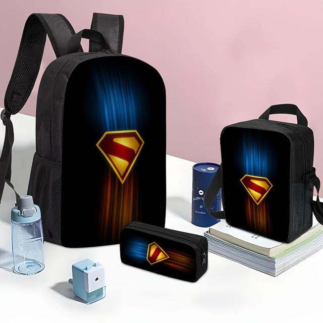 TEMU Wb 3pcs Superman Cartoon Backpack Set For Men And Women,including Bag,pencil Case,and Lunch Box.student Backpack Suitable For Both Genders,large Capacity For Daily Commuting Non-food Contact