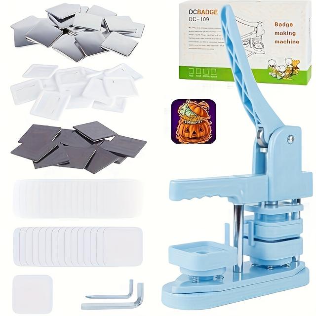 TEMU 정사각형 배지 제작기 1세트; 정사각형 버튼 기계 50mm에 적합한 50mm/1.97인치 냉장고 버튼 만들기 용품 100세트 포함 메탈 커버, 플라스틱 백커버, 소프트 자석, 투명 필름 및 빈 종이|냉장고