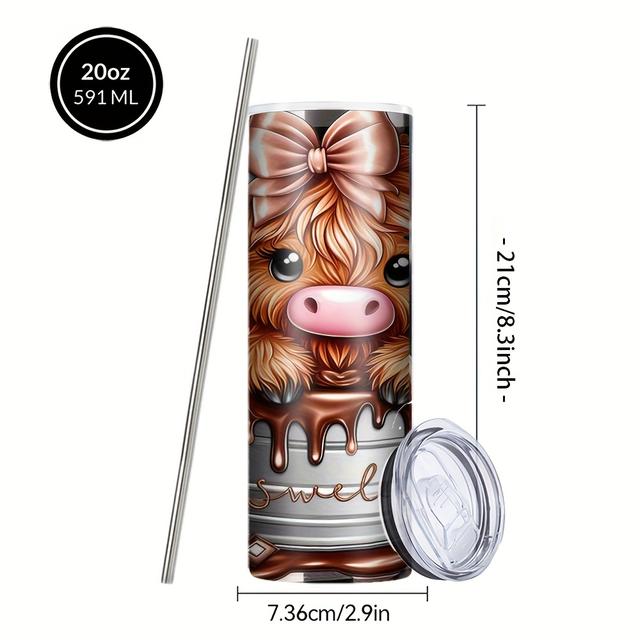 TEMU 1 Pcs 20oz Stainless Steel Insulation Water Bottles, Cute Yak Heart Print Tumbler With Lid And Straws, Suitable Hot Coffee, Cold Drink, Christmas Gift, Party, Gift