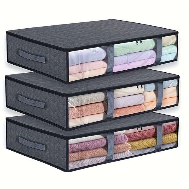 TEMU Pack Of 3 40l Underbed Storage Boxes, Foldable Underbed Storage Boxes With Lid, Underbed Storage Boxes For Clothes, Underbed Wardrobe, Grey, Under-bed Storage