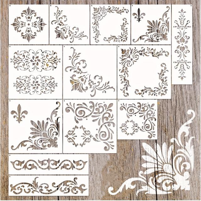 TEMU 13pcs Corner Border Stencils For Crafts, Mexican Flower Floral Lace Furniture Stencils For Painting On Wall Reusable Wall Burning Drawing Art Paint Patterns For Wall Floor (corner)