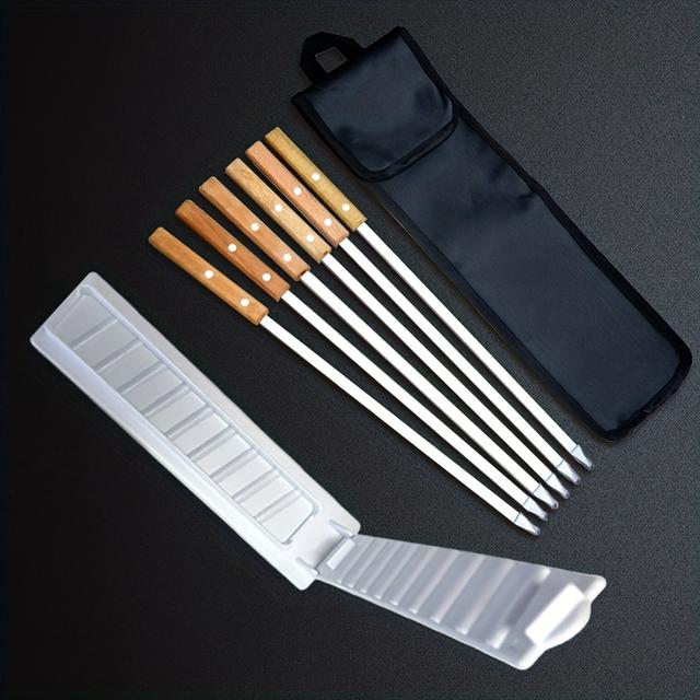 TEMU 6pcs Stainless Steel Barbecue Skewers + 1pc Meat Pressing Mold Set, Long-handled Barbecuing Sticks, Wooden Handles, Bbq Needles With Storage Bags For Outdoor Grilling And Kitchen Supplies