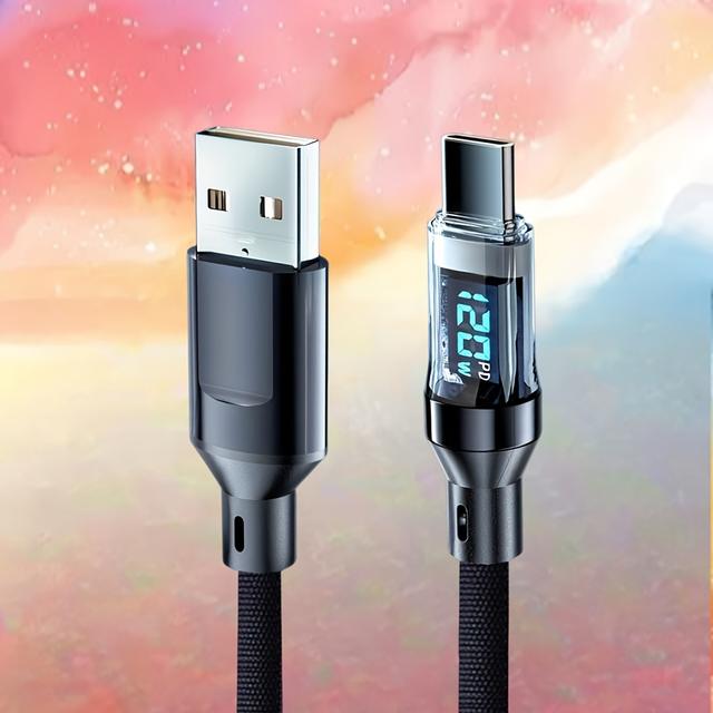 TEMU AFGVK Super Szybki Kabel USB-C z Inteligentnym Wyświetlaczem LCD - Szybkie Ładowanie 120W, Prąd 3A, Napięcie 36V, Wytrzymały i Elastyczny, Ładowanie Wielu Urządzeń do Tabletów