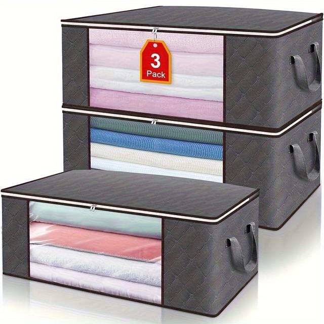 TEMU 3pcs Extra Large Foldable Clothes Storage Bags With Handles, Clear Window, And Zipper – Quilted Non-woven Fabric Organizer For Bedroom, Dark Gray, Clothes Organizer Storage
