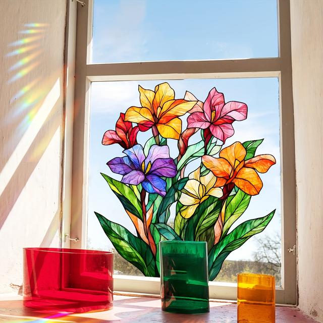 TEMU 1pc Vibrant Tulip Bouquet Static Cling Window Decal - Double-sided Removable Pvc Sticker, Semi-, Irregular Shape For Walls, Self-adhesive, Single Use, Window Stickers For Living Roo