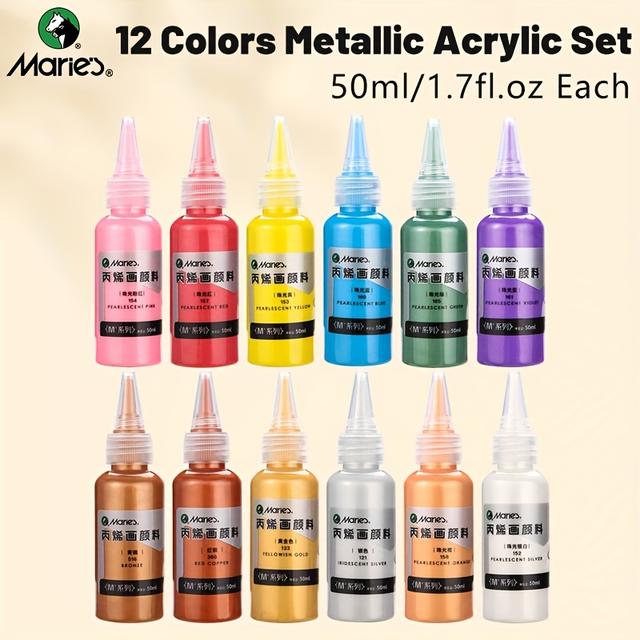 TEMU [pearlescent Finish] Marie's 12-color Metallic Acrylic Paint Set, Pearlescent & , Non-fading - Ideal For Diy Art On Wood, Glass, Porcelain & More - Portable 50ml Bottles, Artists & Crafters