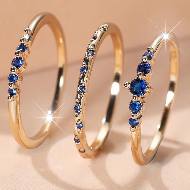 TEMU 3pcs Angol Blue Cubic Zirconia Rings | Kc Golden Plated Copper, Fashionable And Elegant Jewelry For Daily And Gift Occasions