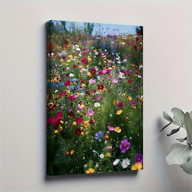 TEMU 1pc 생동감 있는 야생 꽃 필드 캔버스 아트 - 11.81x17.72 인치, 오일 페인팅 스타일, 단단한 나무 프레임, 거실, 사무실 또는 바 장식에 이상적, 거실 아트 | 생동감 있는 벽 장식 | 세부적인 꽃잎 아트, 꽃 장식