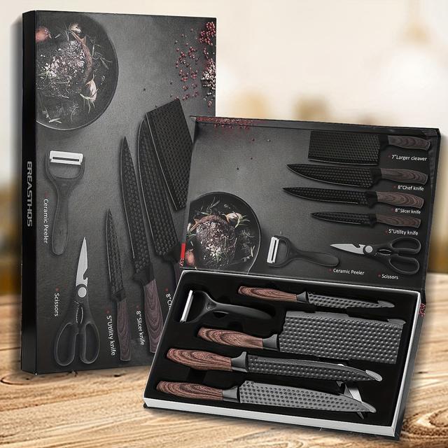 TEMU This 6pcs Kitchen Knife Set Features Sizes, Ultra- Steel , And Durable Brown Handles, Making It An Gift Option Packaged In A Gift Box