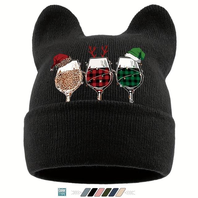 TEMU 1pc 1pcs Unisex Christmas Cat Ear Beanie With Merry Christmas Print - Soft Warm Winter Hat Suitable For Parties, Skiing, Ideal Gift For - Cozy Beanies For & (no)